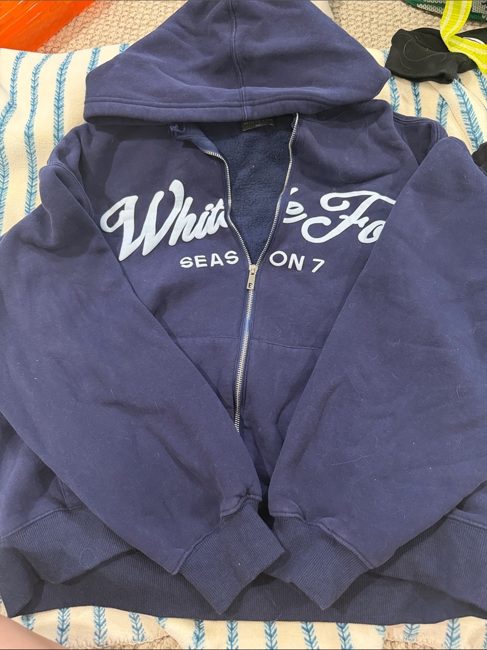 M/L White Fox Boutique Navy Zip-Up Hoodie with White Script